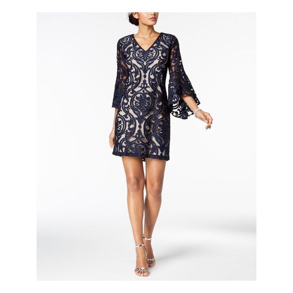 MSK PETITES Dresses & Skirts - MSK PETITES Womens Beige Lined Bell Sleeve Short Party Sheath Dress Petites 6P